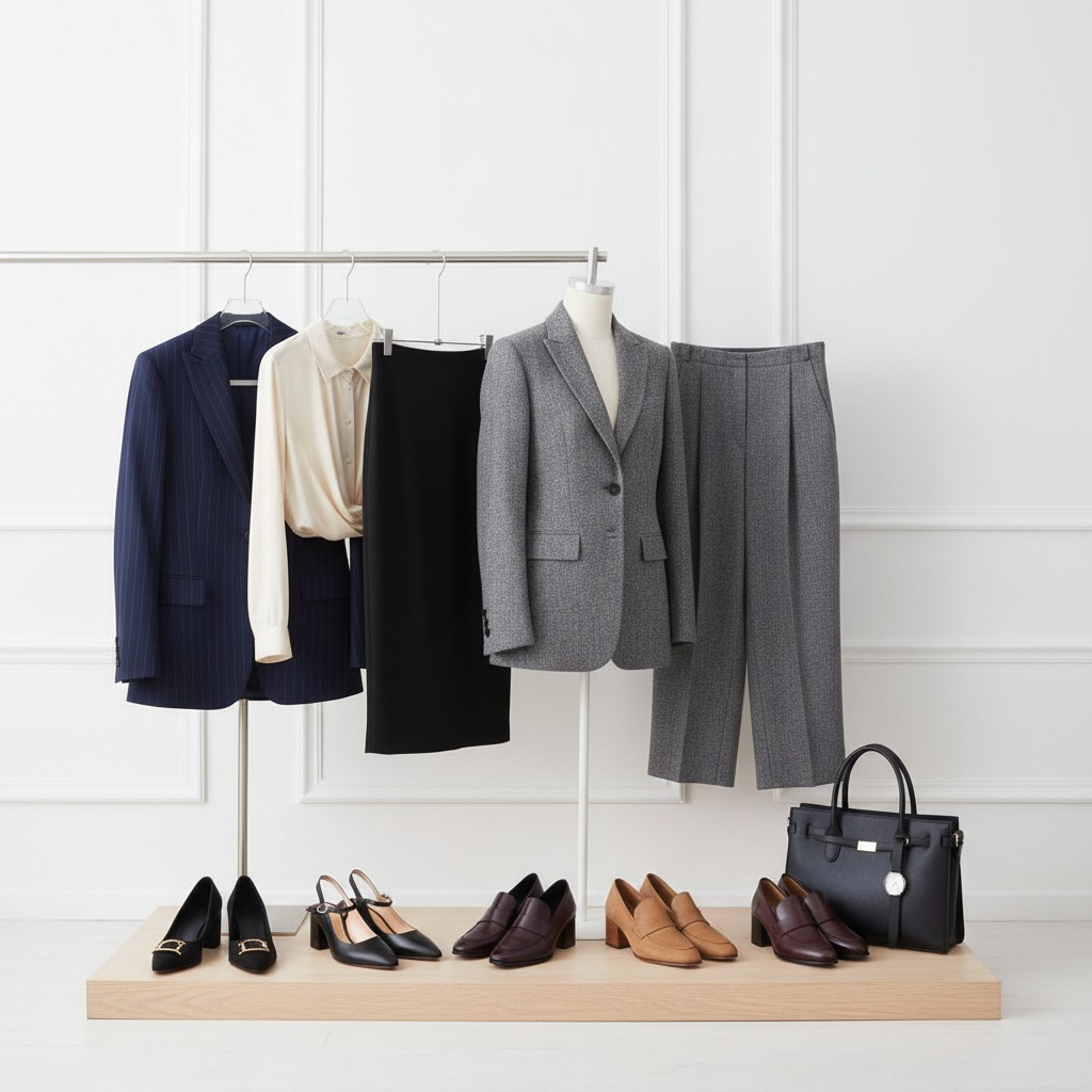 A clothing rack displays two professional outfits with jackets, skirts, and trousers, accompanied by matching shoes and a black handbag on the shelf below.